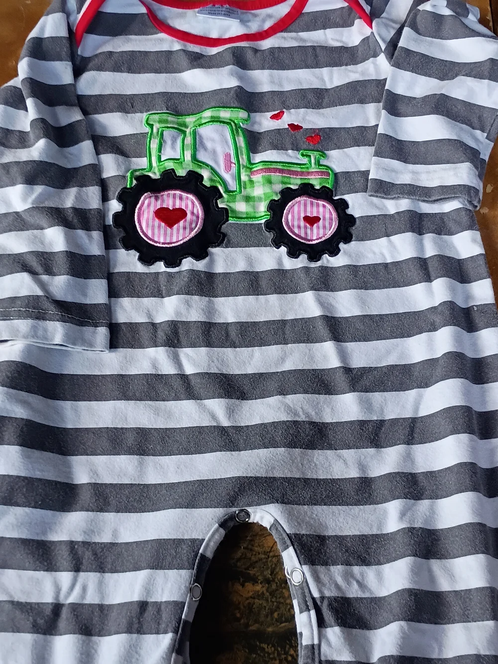 Striped Gray & White Kids One-Piece with Green Tractor Applique